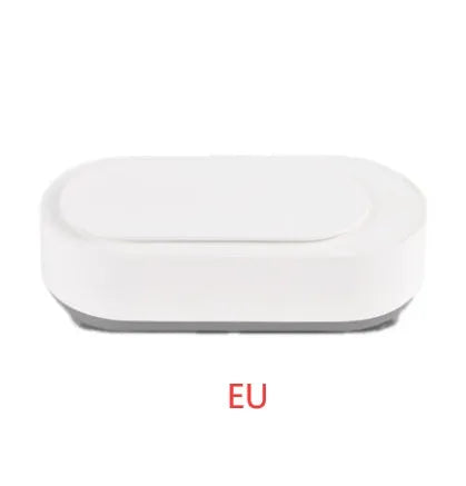 White portable ultrasonic cleaning machine with stainless steel tank and touch button.