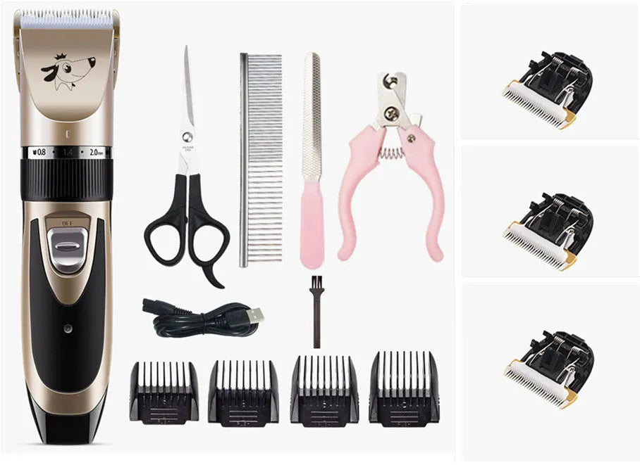 Golden yellow USB rechargeable electric pet clipper set with detachable ceramic blade and limit combs on a white background.