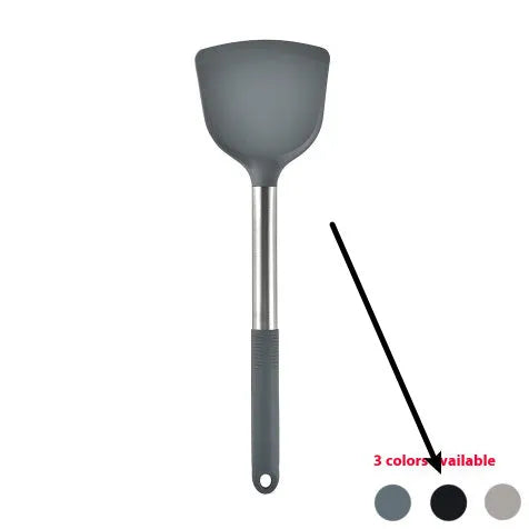 Silicone kitchen utensil set with 12 pieces including spatula, turner, ladel, and food clip in rotating storage bucket