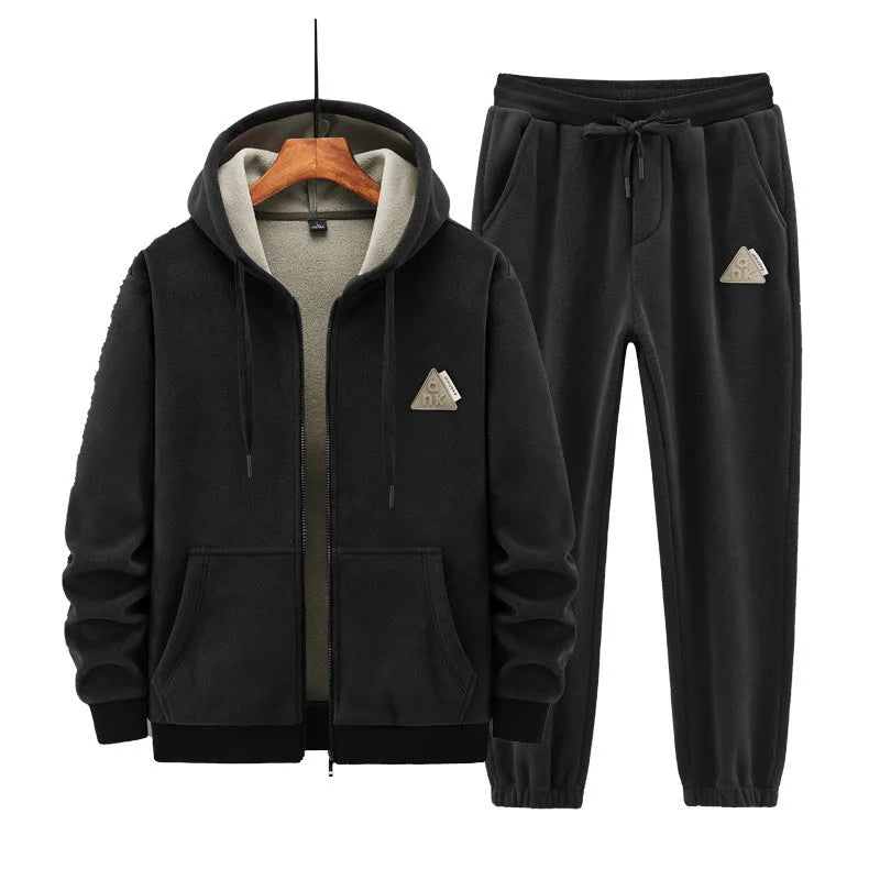 Casual sports suit with hooded sweater and trousers in grey, black, or brown