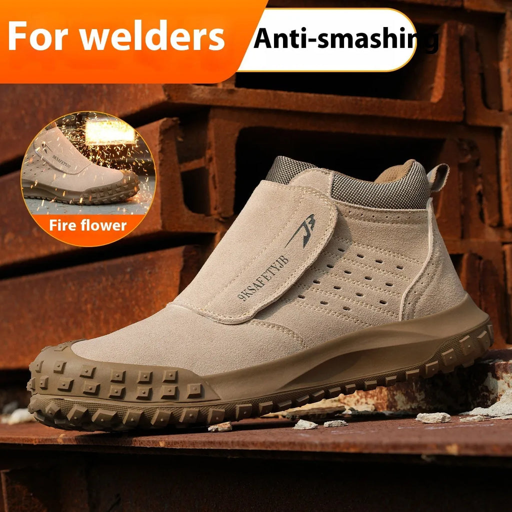 Four Seasons lightweight welder safety shoes with steel toe cap in sand colour with front lace-up closure