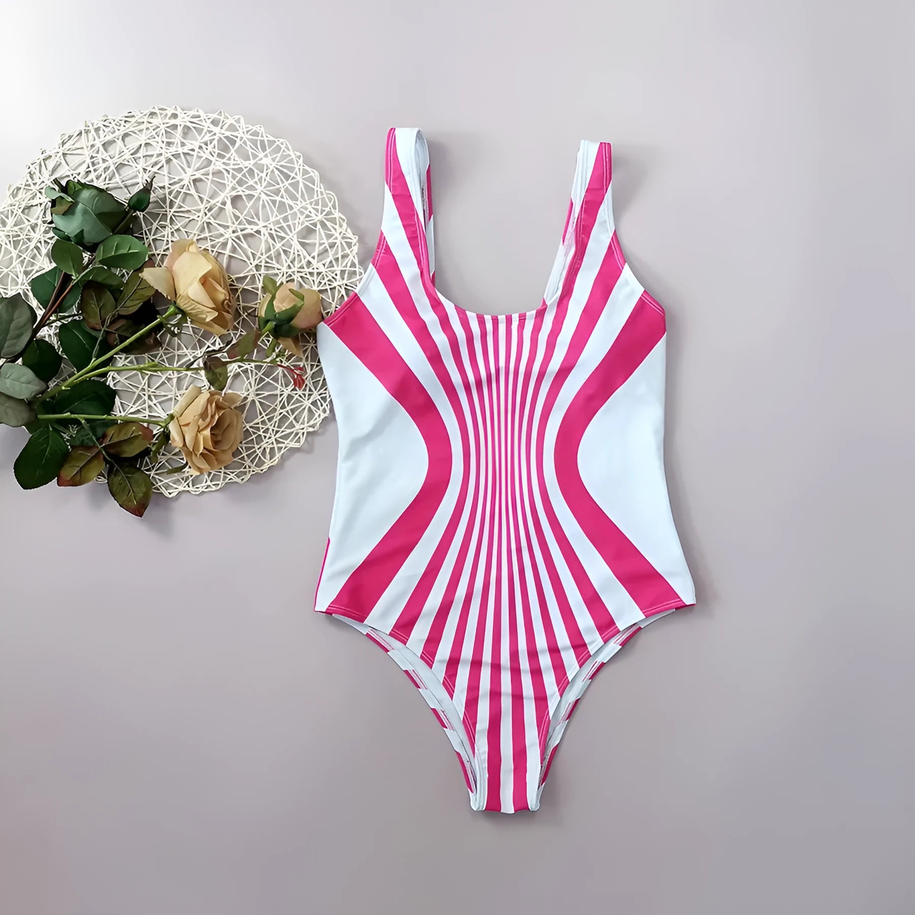 Women's pink striped one-piece swimsuit with digital printing front and back