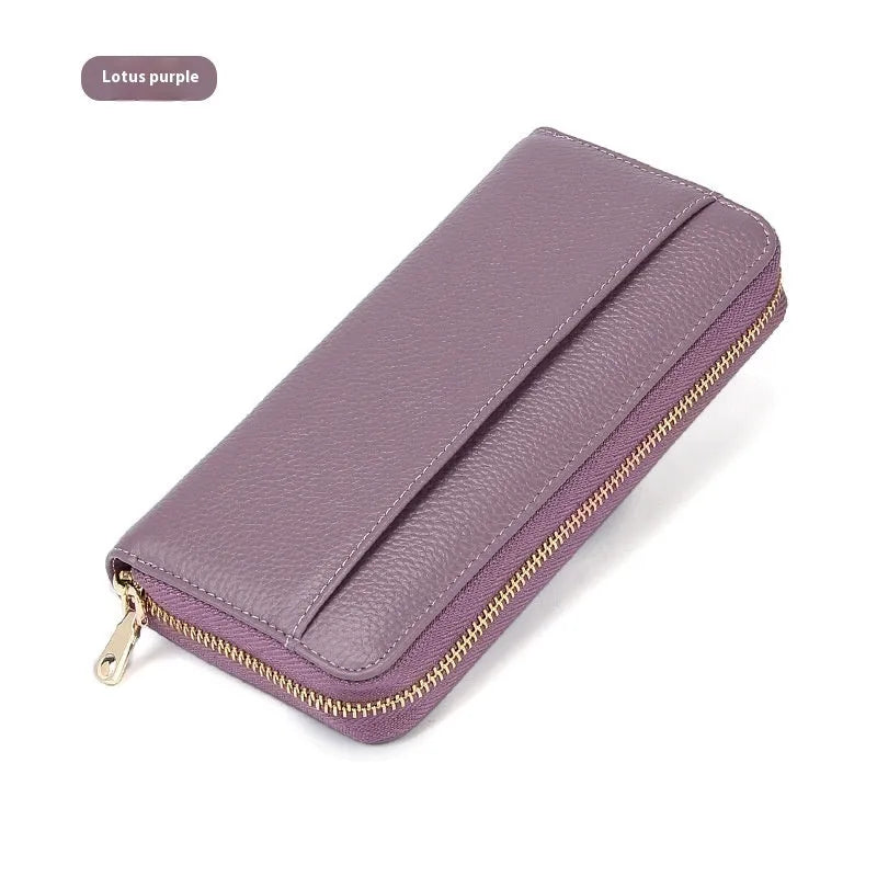 Genuine leather long bifold wallet for women with RFID protection in a choice of six solid colours.