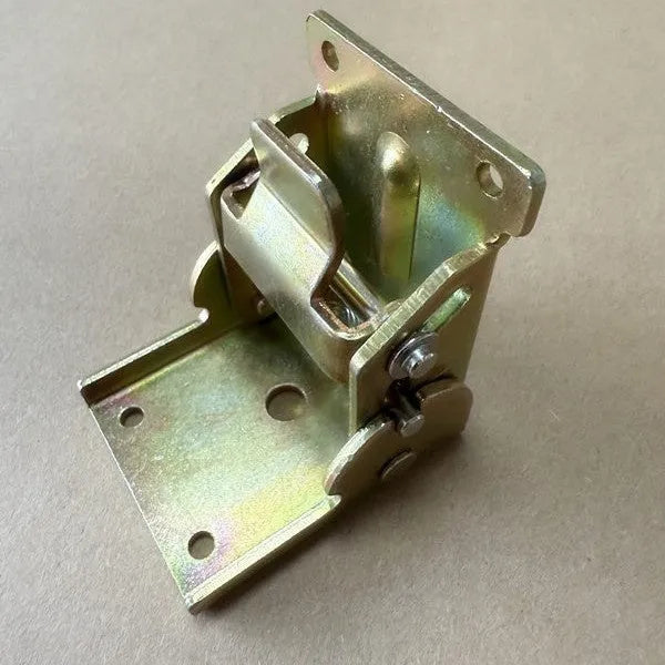 Close-up of a self-locking furniture folding hinge in an electroplated finish, set at a 90-degree angle.