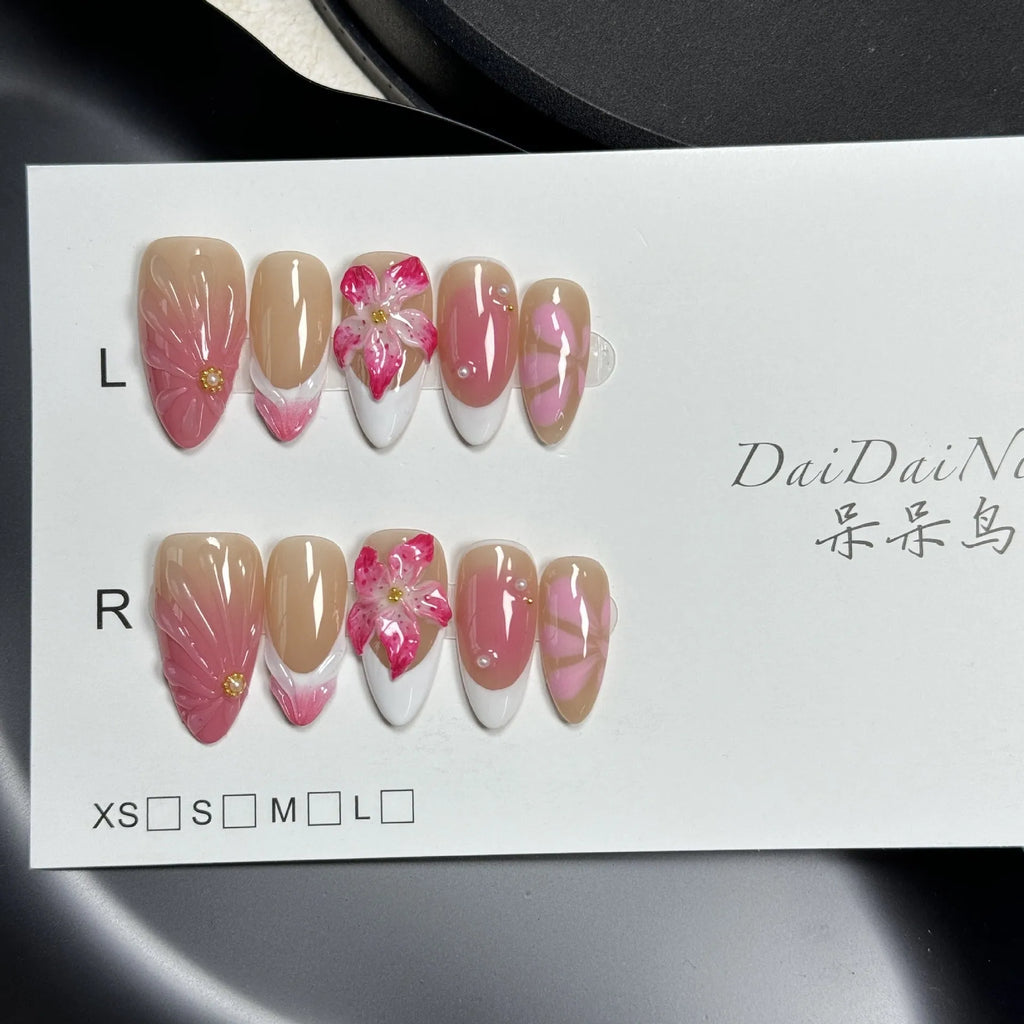 French style three-dimensional lily fluid ice flower artificial nails in almond shape with plastic construction
