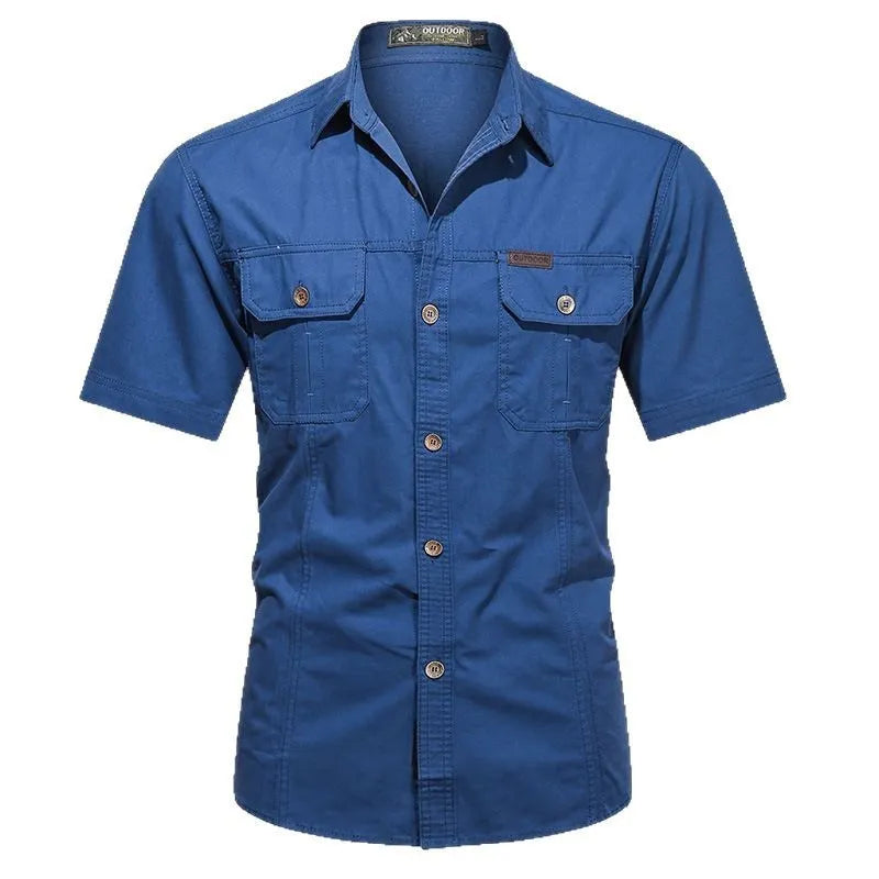 Men's short sleeve cotton work shirt in a loose fit, shown in army green colour.