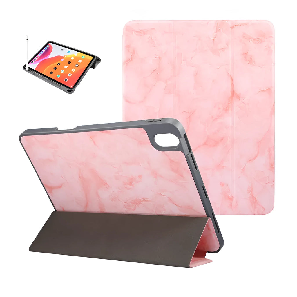 Imitation leather iPad tri-fold case with marbling pattern and built-in pen slot, shown in dark grey.