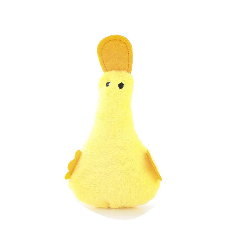 Yellow duck plush pet toy with catnip filling, squeaker sound, and rattle paper for dogs and cats