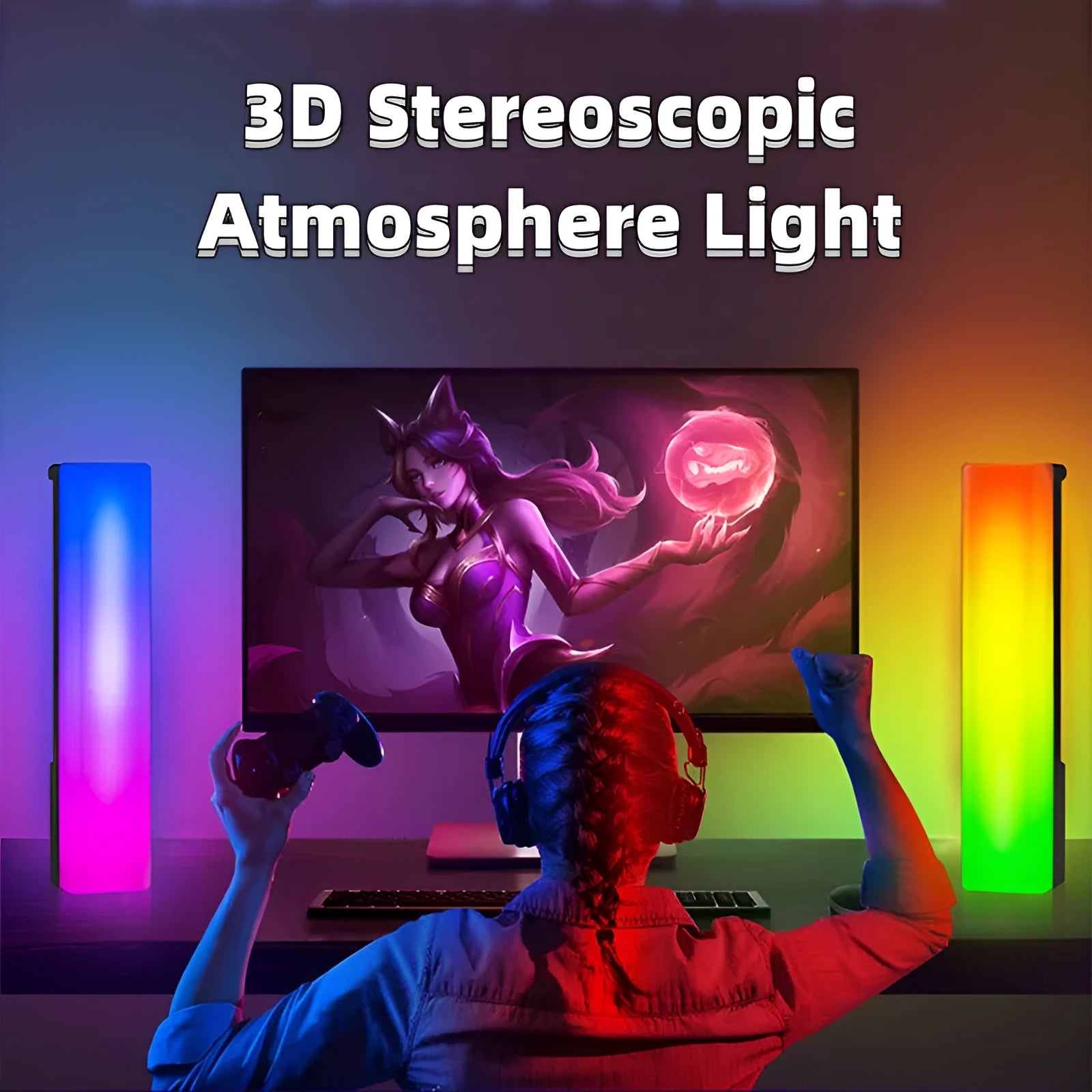 3D RGB light pick-up table top ambiance lamp with voice-activated rhythm lighting in black or white shell