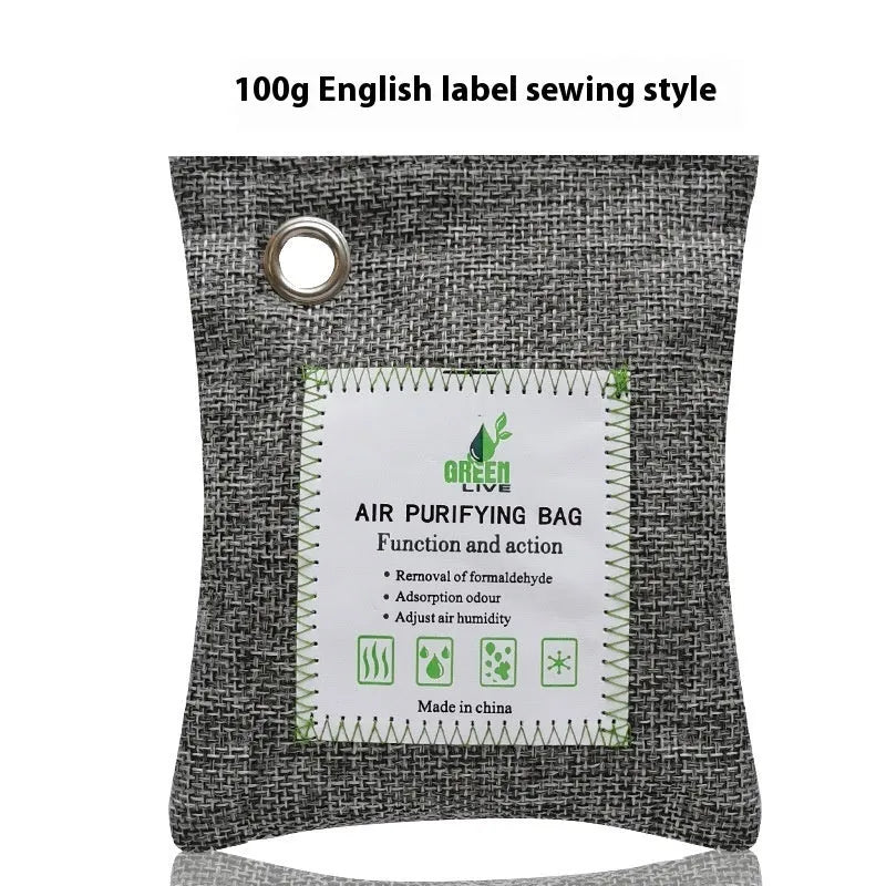 Sewn fabric bag filled with black bamboo charcoal granules for air purification.
