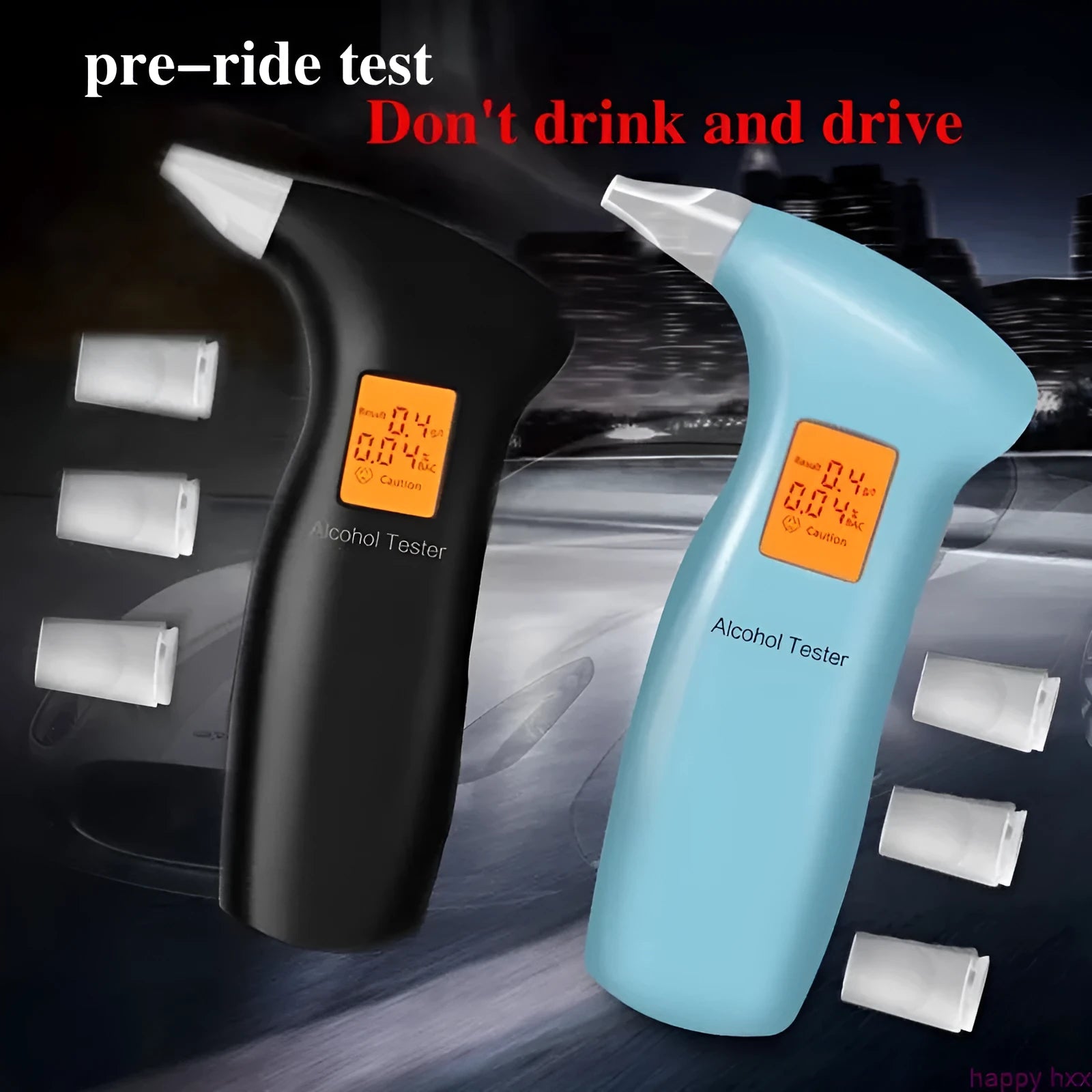 Portable orange light breath alcohol tester with four ports and replaceable mouthpieces