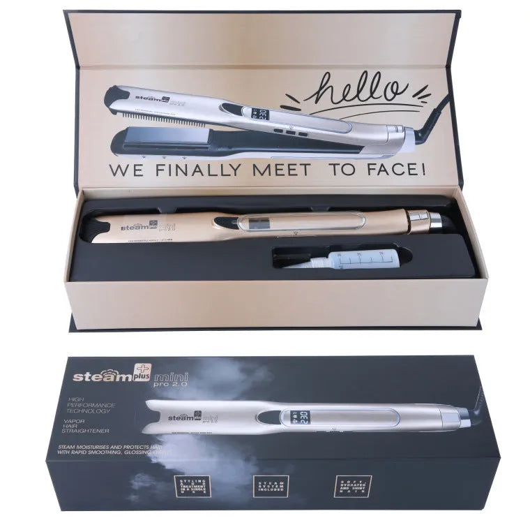 Mini hair straightener with steam spray function in rose red colour on a white background.