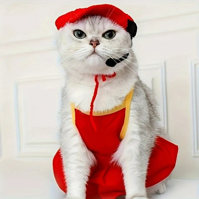 Handmade knitted cotton chef hat sweater costume on a small cat or dog