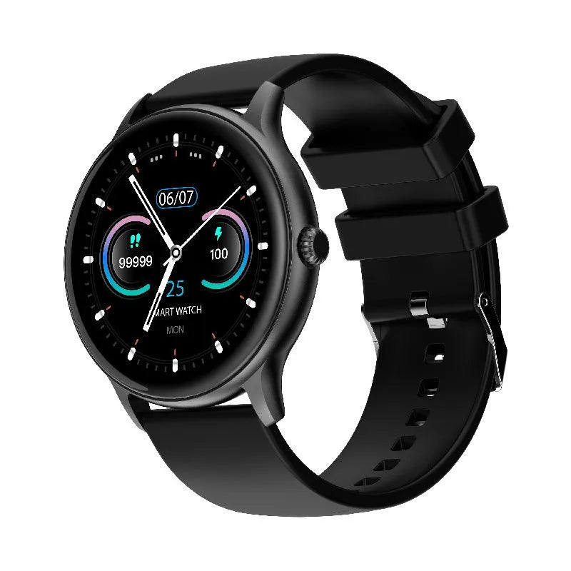 Smart watch with blood pressure monitoring on black silicone wristband showing touch screen display