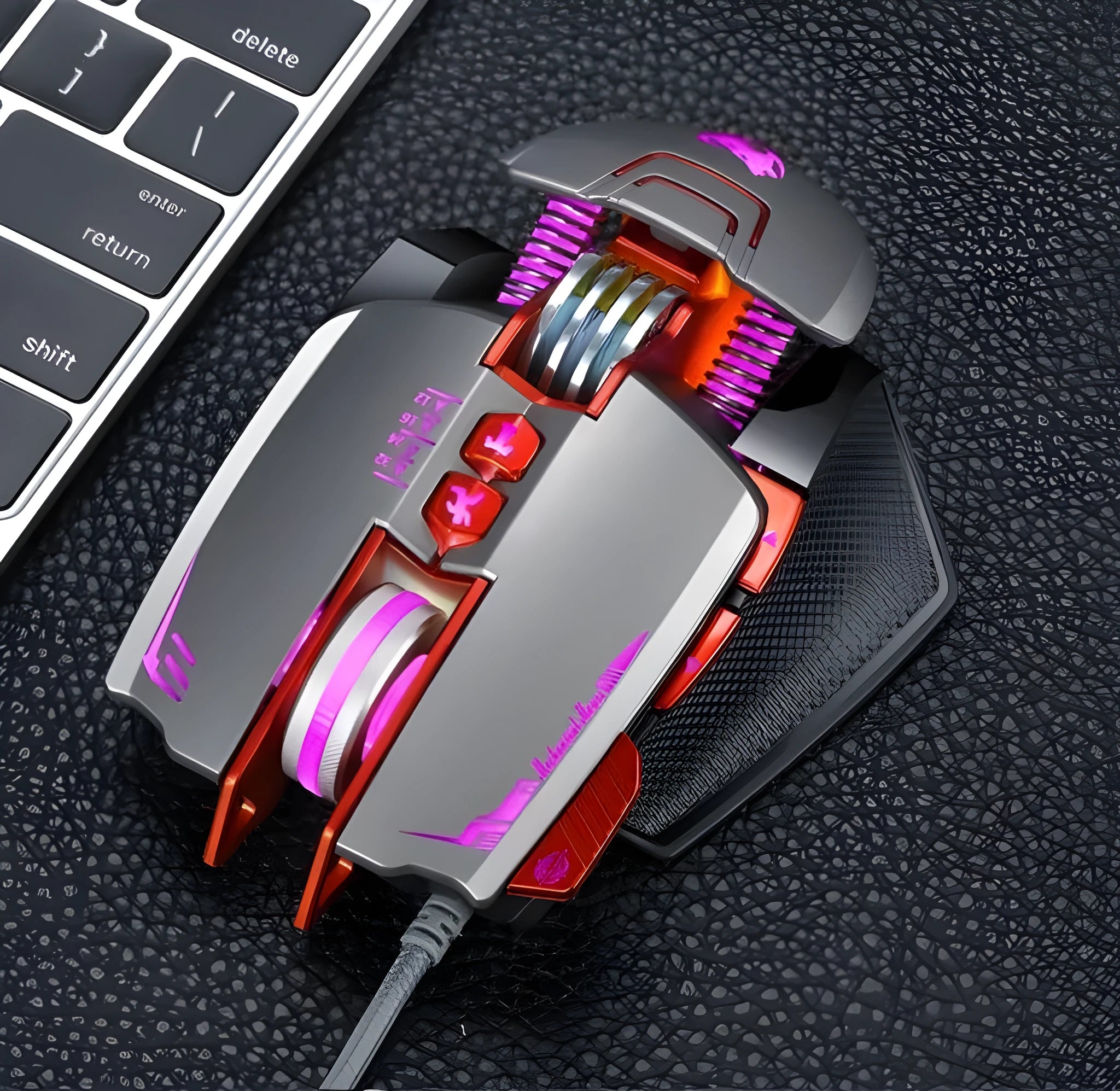 Thunder Wolf V9 black and grey wired gaming mouse with ergonomic shape on a desk.