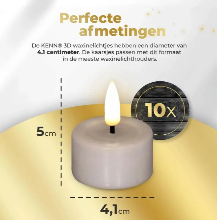 Taupe S10 3D flame LED tealight candles showing realistic flickering effect, pack of four
