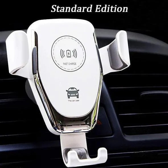 Black Qi wireless car phone mount holding an iPhone, showing automatic clamping arms and a vent clip installation.