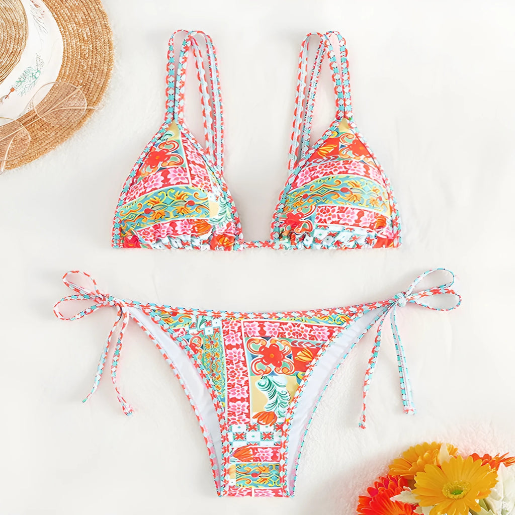 Women's lace-up front swimsuit bikini set with split leg and backless briefs