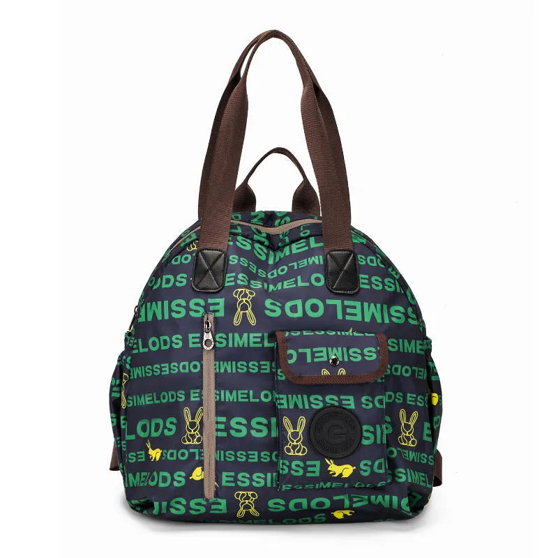 Women's lightweight nylon backpack in black, khaki, or green letter rabbit colours showing sandwich pocket design