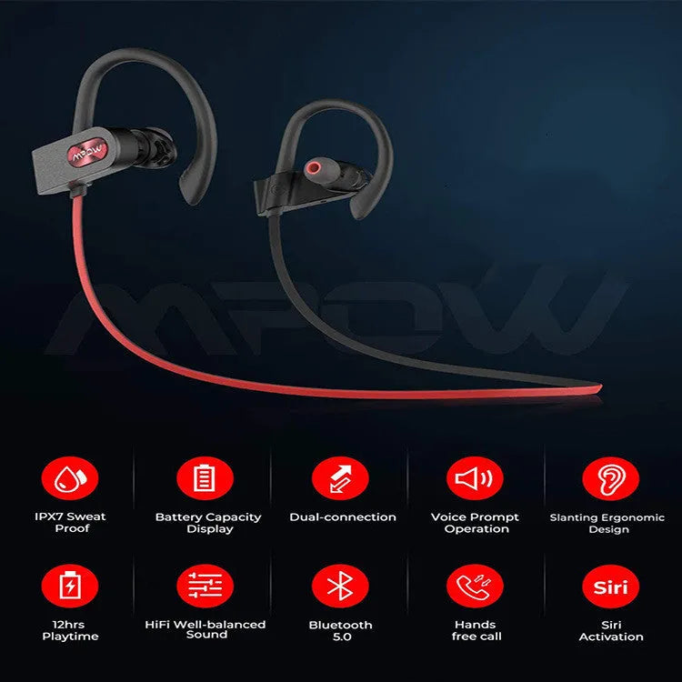 Red hanging ear Bluetooth wireless headset shown from the side, with a black variant also visible.