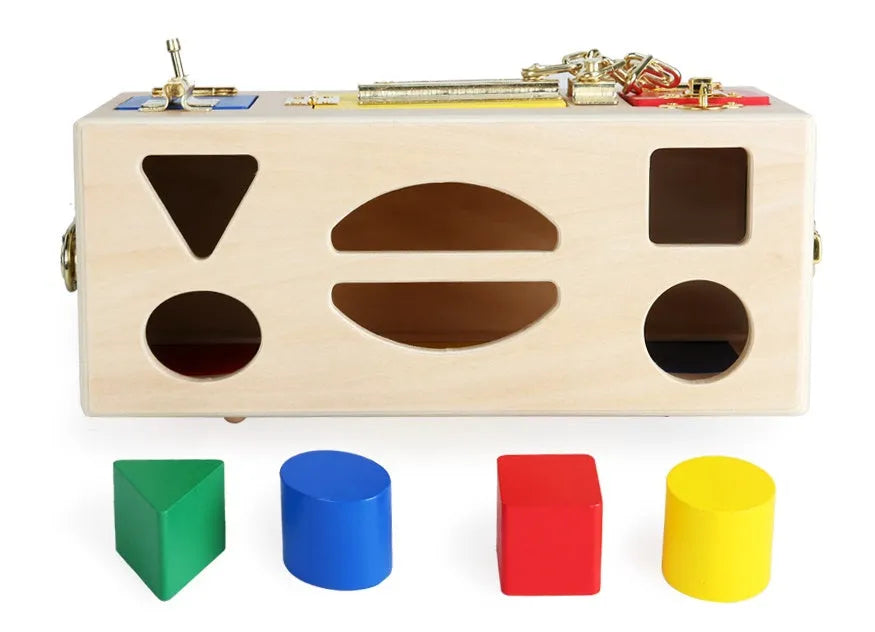 Wooden shape sorting lock box educational toy for preschool children with colourful shapes