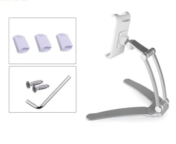 Silver aluminium alloy desktop tablet stand holding a tablet, showing 360-degree rotation adjustment.