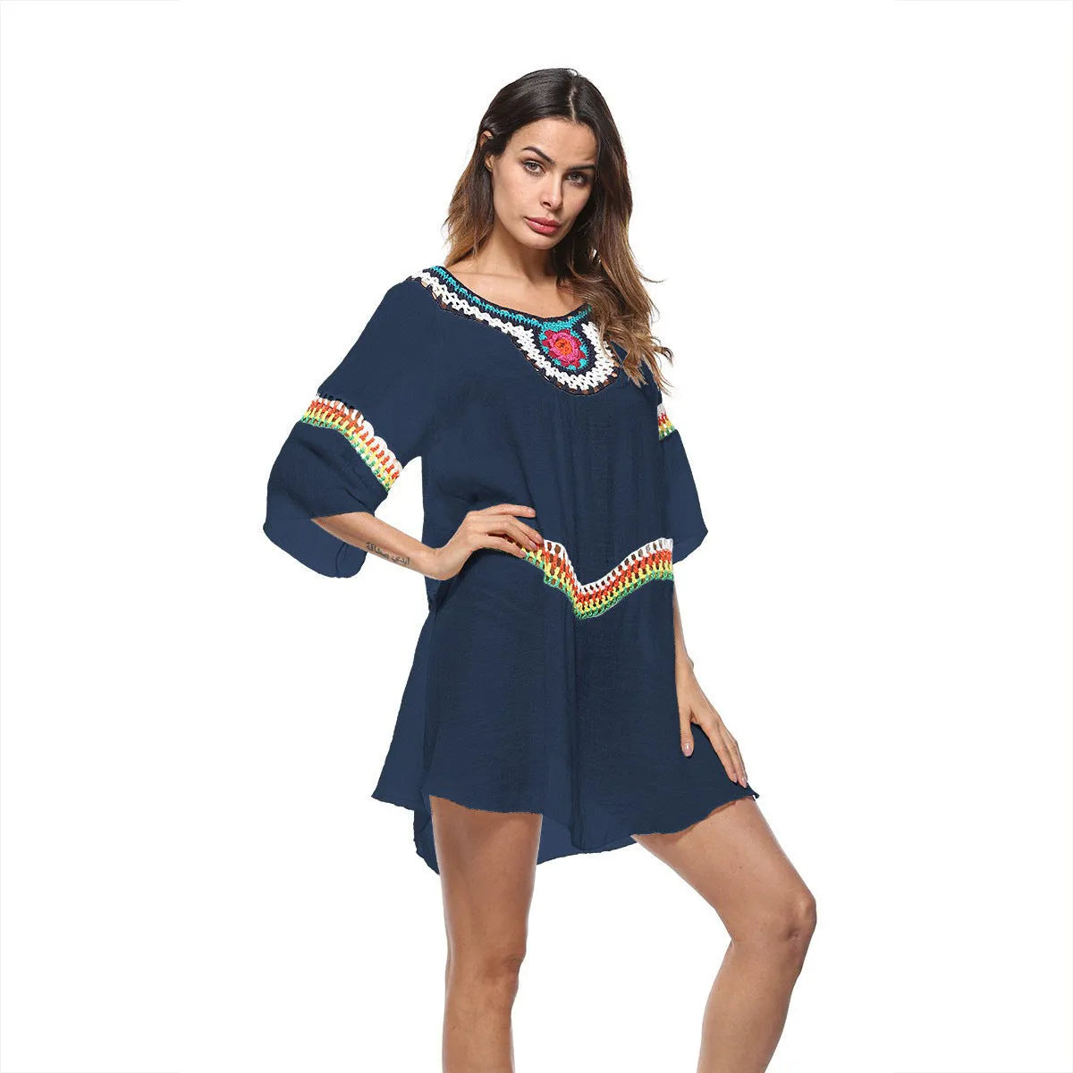 Crocheted acrylic beach cover-up in ethnic style for swimming and sun protection