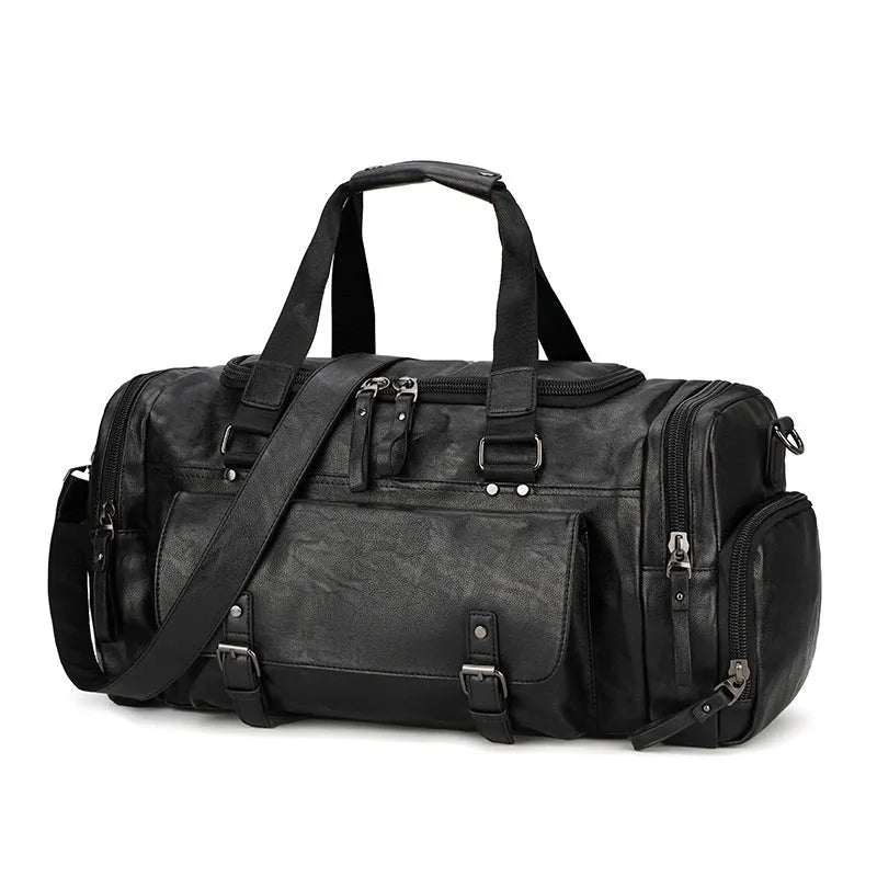 Black travel holdall bag with shoe compartment showing dimensions 52cm × 19cm × 27cm