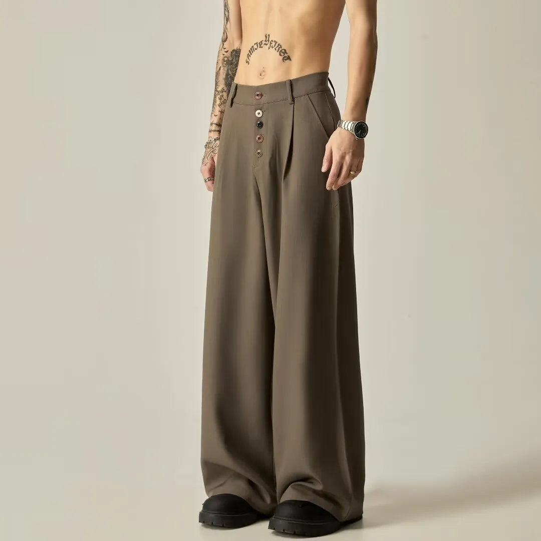 Men's black wide-leg tube trousers with button fly and straight-leg design on hanger