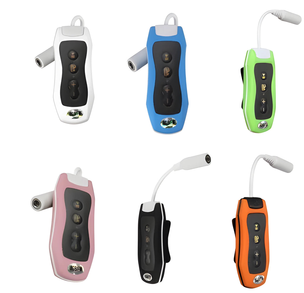 IPX68 waterproof Bluetooth mini MP3 sports headset in colours: black, blue, green, orange, pink, white.