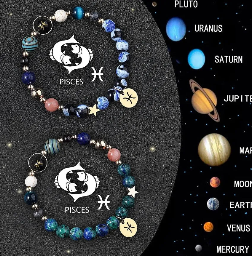 Two natural stone beaded bracelets with zodiac sign charms on a dark background.