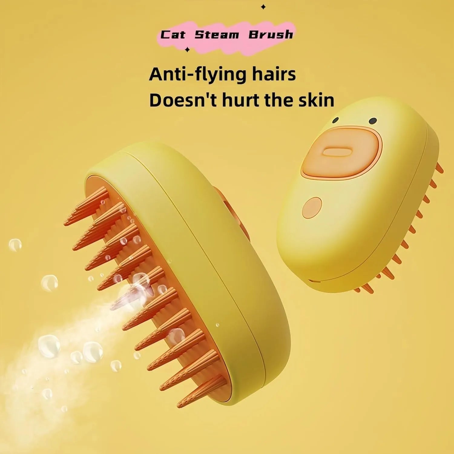 White and yellow pet steam brush with silicone teeth and water tank for dog and cat grooming