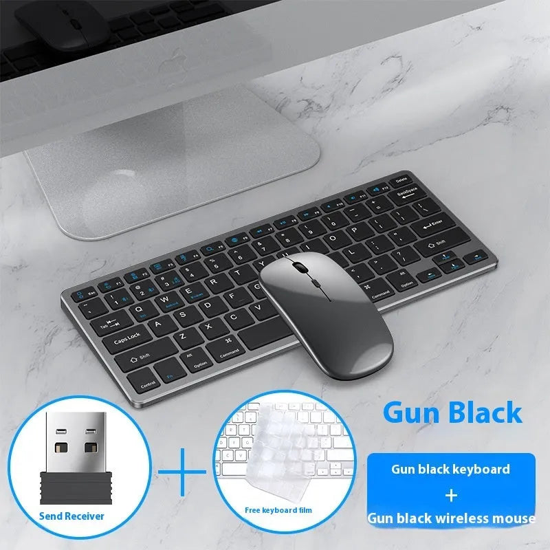Ultra-thin wireless keyboard and mouse set with Bluetooth and 2.4G connectivity in black silver or gun colour finish