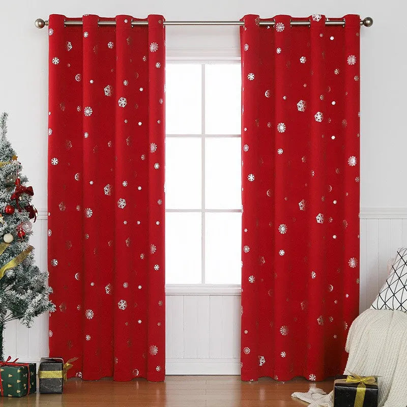 Snowflake pattern shade cloth curtain in polyester, showing red or green trim with lace loop or iron hoop detail.