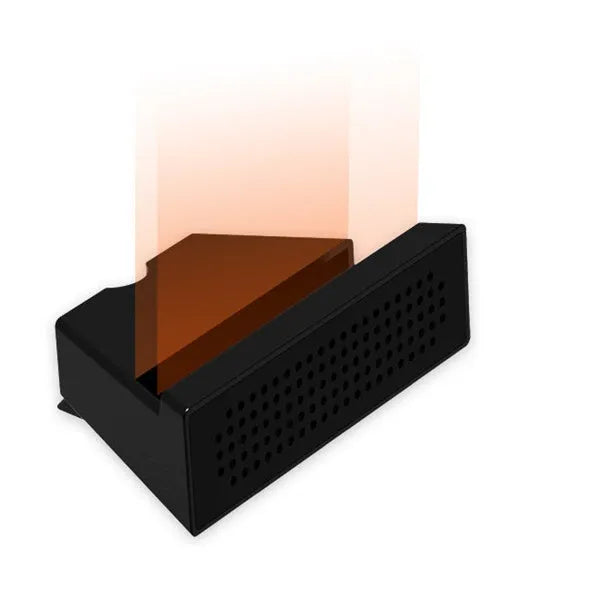 Mini mobile phone amplifier bracket on desktop enhancing smartphone sound in black, blue, pink or orange