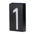 Solar powered house number light with 6 LEDs and IP65 waterproof rating mounted on an exterior wall.
