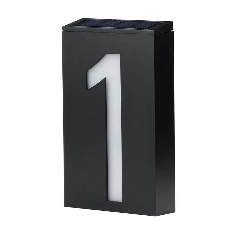Solar powered house number light with 6 LEDs and IP65 waterproof rating mounted on an exterior wall.