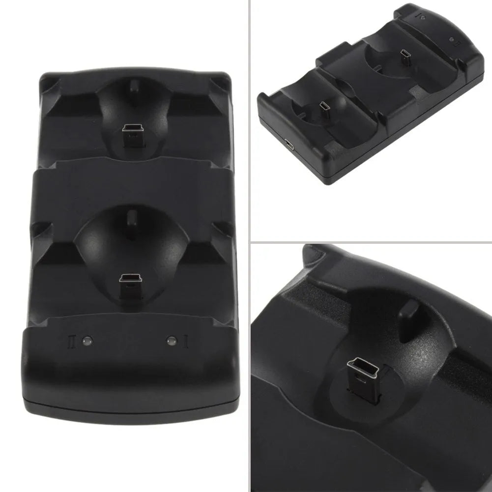 Black PS3 dual controller charging dock with USB cable for PlayStation 3 consoles