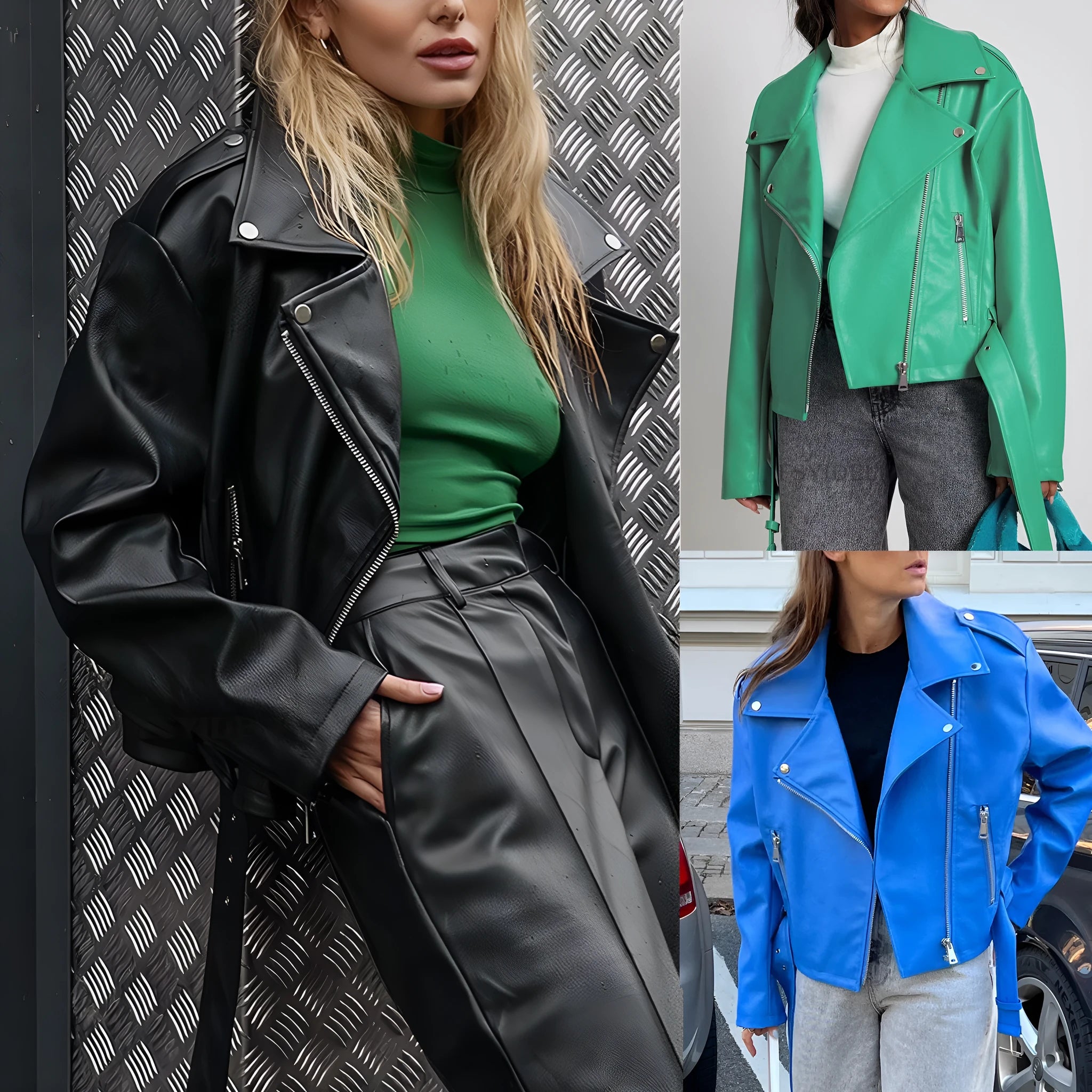 Black punk-style locomotive jacket with a drawstring waist, Peter Pan collar, and regular sleeves on a hanger.