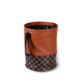 Brown retractable leather car trash can showing expanded and folded positions
