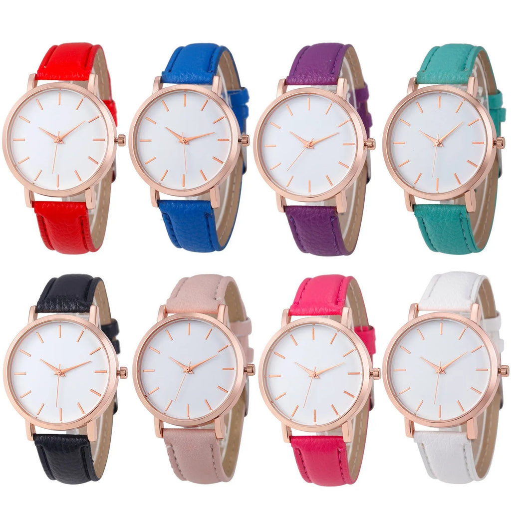 Square-faced quartz watch with an alloy case and PU leather strap on a wrist.