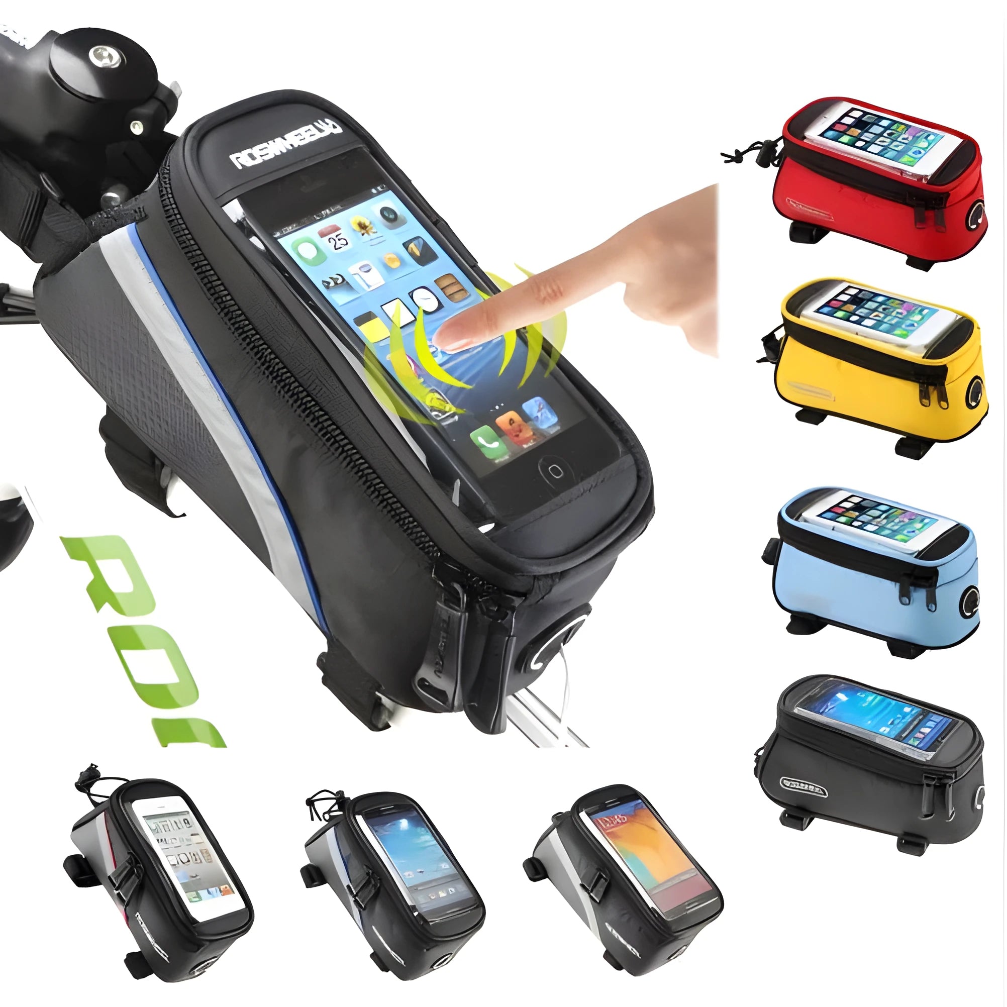 ROSWHEEL black PVC bicycle phone bag mounted on a bike frame, showing size for iPhone.