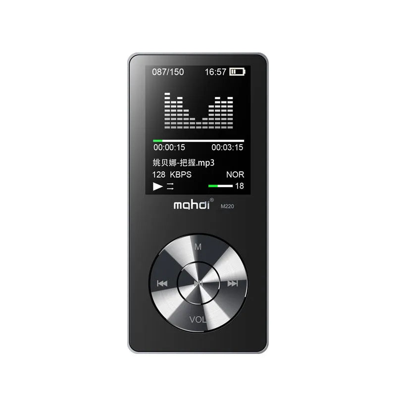 Gold all-metal MP3 player with 1.8-inch screen showing music playback interface