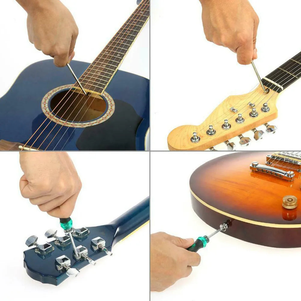 Black plastic and metal guitar repair tool kit with case for instrument maintenance