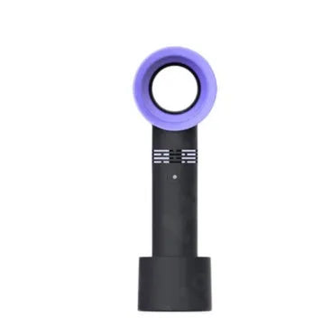 A portable bladeless desk fan with a modern design, shown on its base with a USB cable, available in multiple colours.