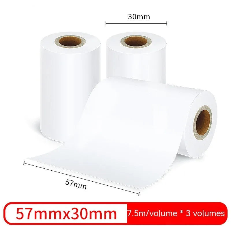 Three rolls of 57mm x 30mm thermal paper for small portable printers in packaging