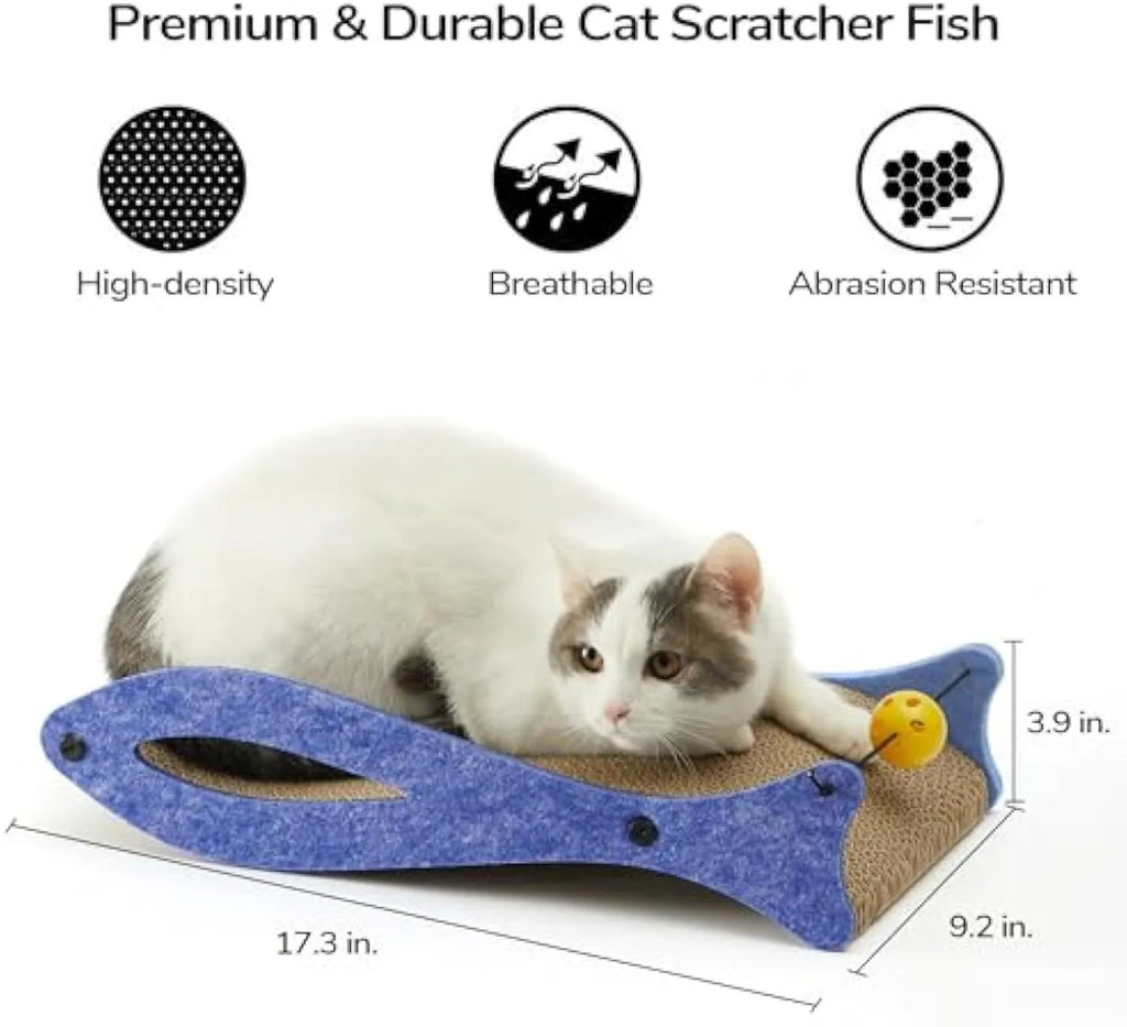 Blue fish-shaped cat scratcher pad with corrugated cardboard surface, ball toys, and wavy lounge area.