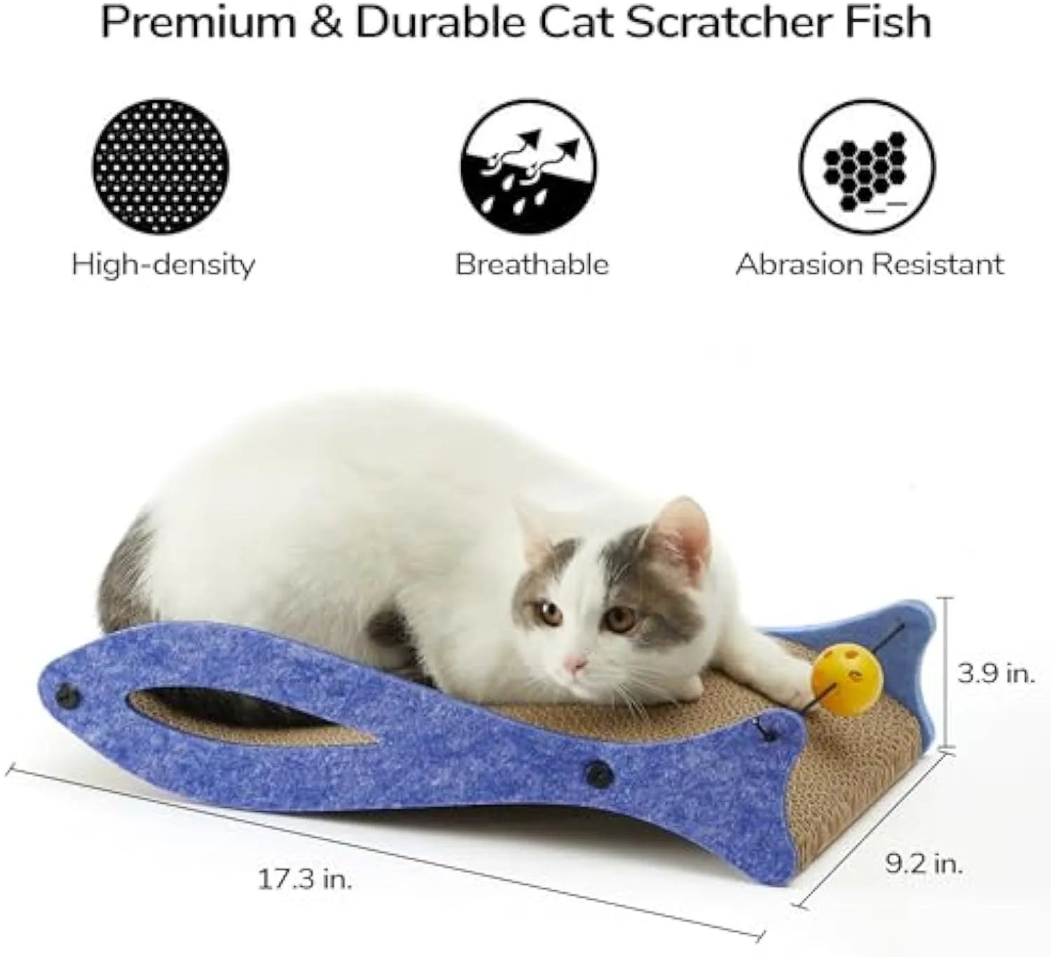 Blue fish-shaped cat scratcher pad with corrugated cardboard surface, ball toys, and wavy lounge area.