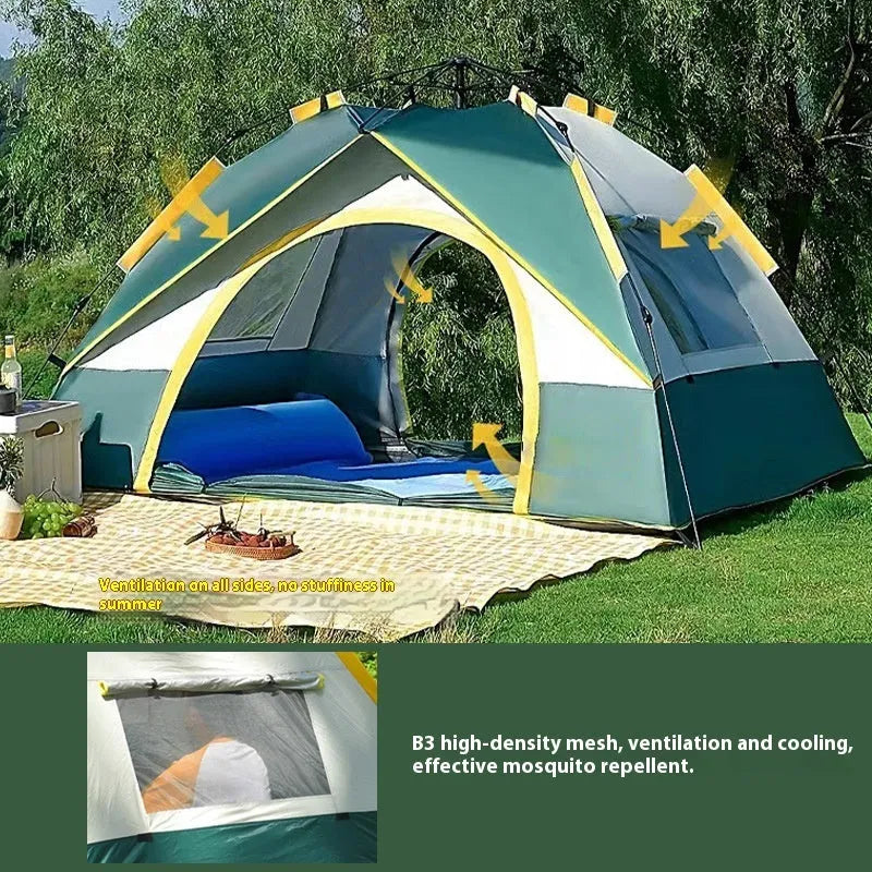 Dark green silver glue camping tent with automatic quick-open deployment for 3-4 people