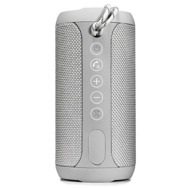 Black waterproof portable outdoor Bluetooth speaker with control buttons on top.